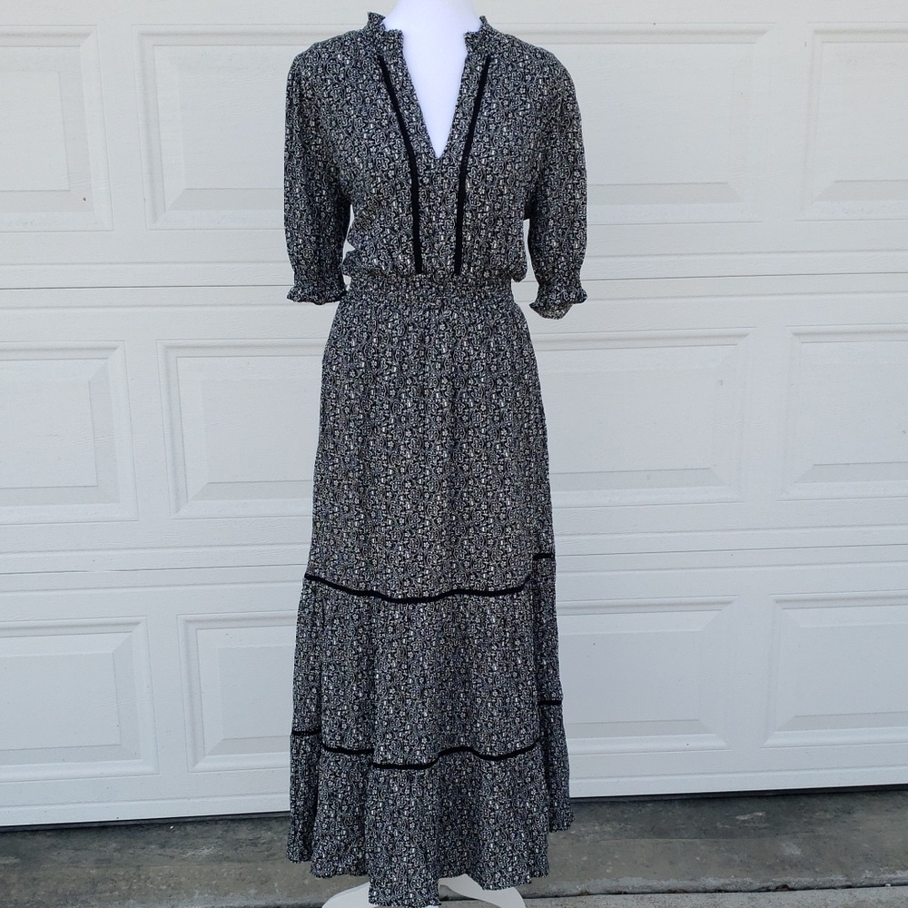 Evereve Roan + Ryan Blake Floral Puff Sleeve Smock Tiered Midi Dress Size M Boho